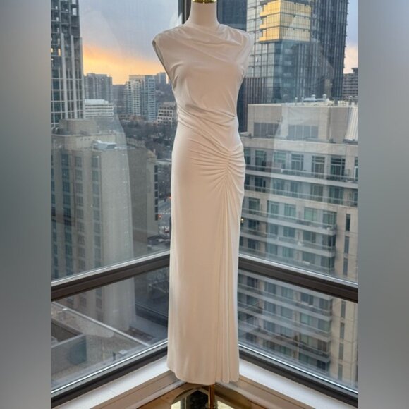 🆕 SIMKHAI 🧿 NWOT Acacia Draped Ruched Jersey Midi Dress, Ivory - Sz S - Picture 12 of 15